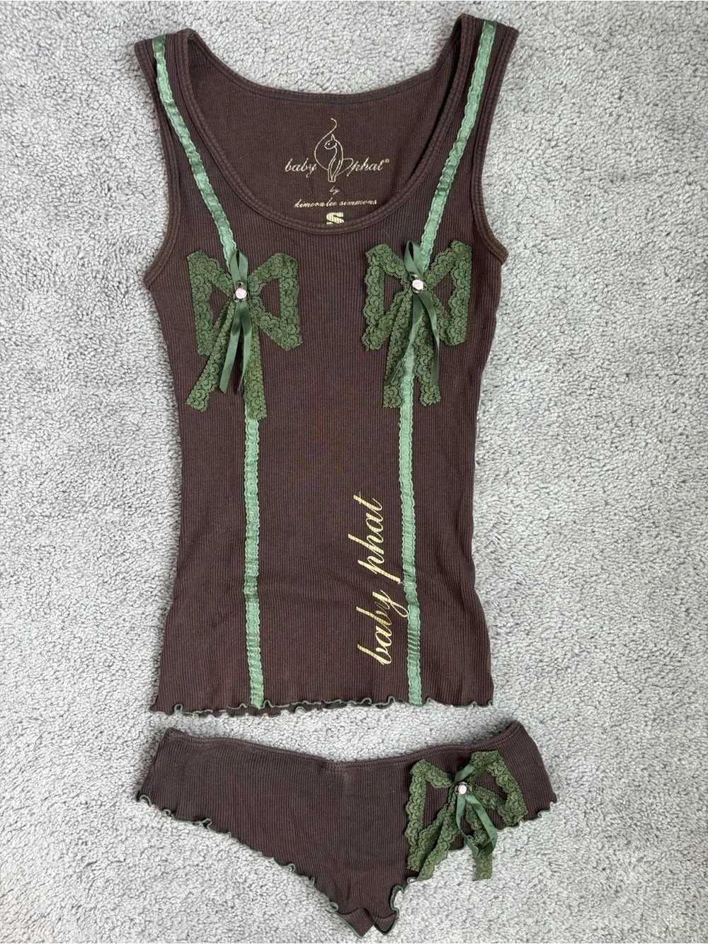 Vintage Y2K Baby Phat Lace Pajama Set Brown Green Small 2 Piece Set Ribbed Cami